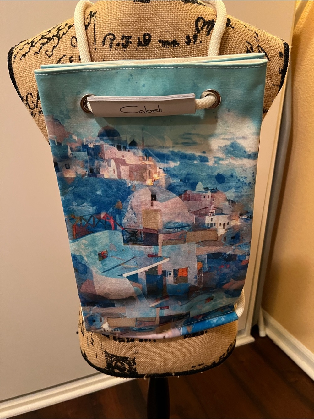 Cabeli Greek Isles Drawstring Backpack, Canvas with Leather Trim
